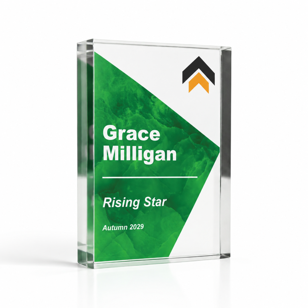 Corporate award in A7 7.4 x 10.5cm, bright green Rising Star acrylic award with logo