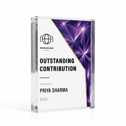 Prism acrylic award in A7 7.4 x 10.5cm, purple Outstanding Contribution award with logo