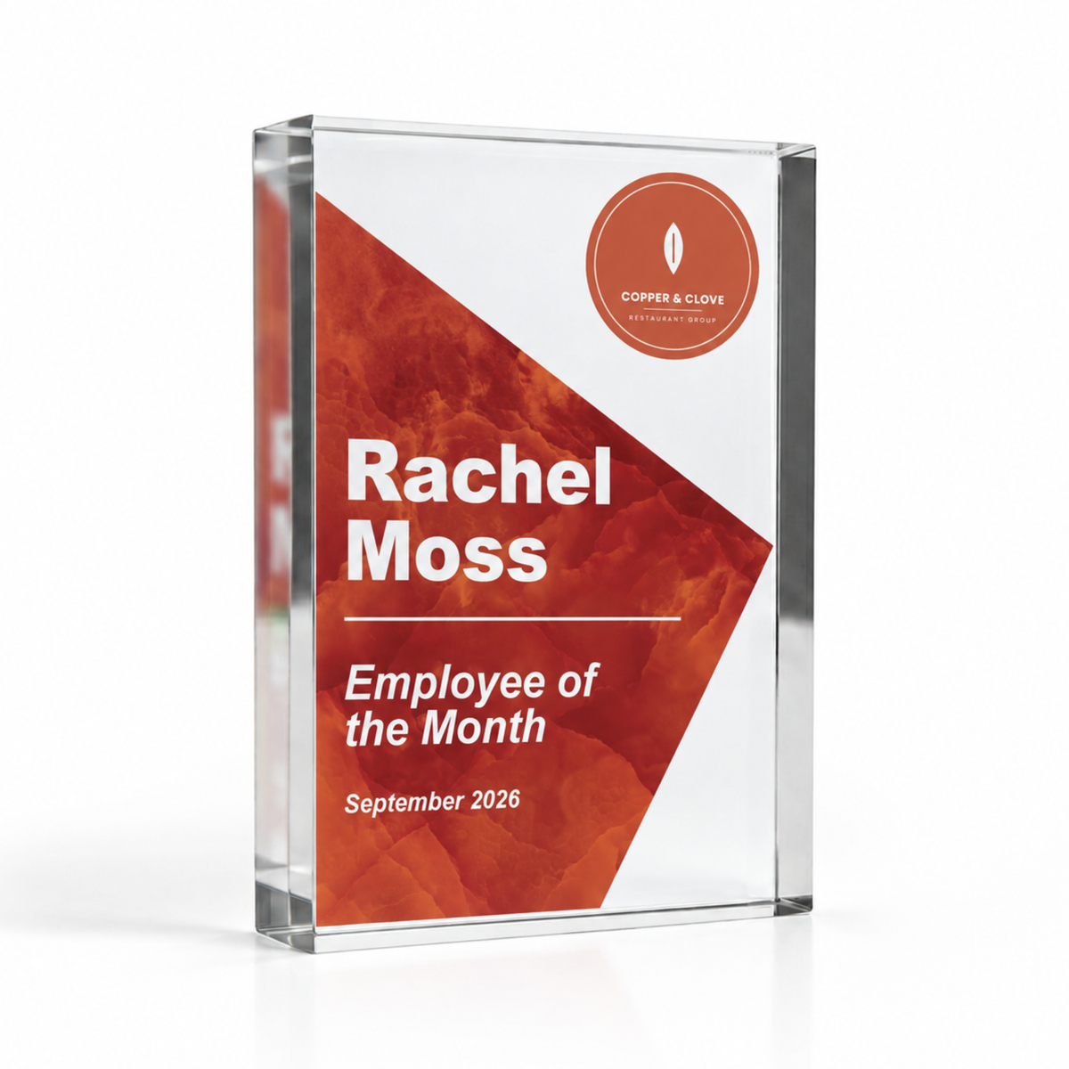 Corporate award in A6 10.4 x 14.8cm, deep orange Employee of the Month trophy with logo