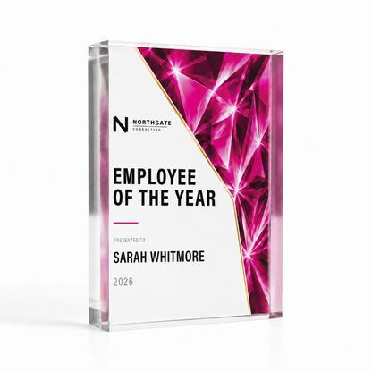 Prism acrylic award in A6 10.4 x 14.8cm, pink Employee of the Year trophy with logo