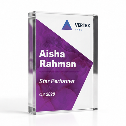 Corporate award in A5 14.8 x 21cm, purple Star Performer acrylic trophy with company logo