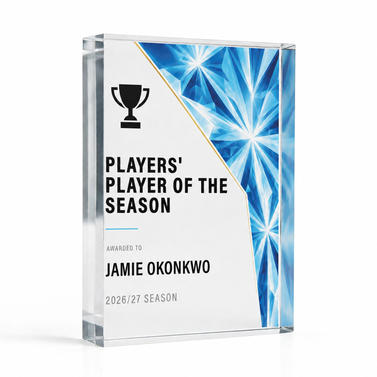 Prism acrylic award in A5 14.8 x 21cm, light blue Players' Player of the Season trophy