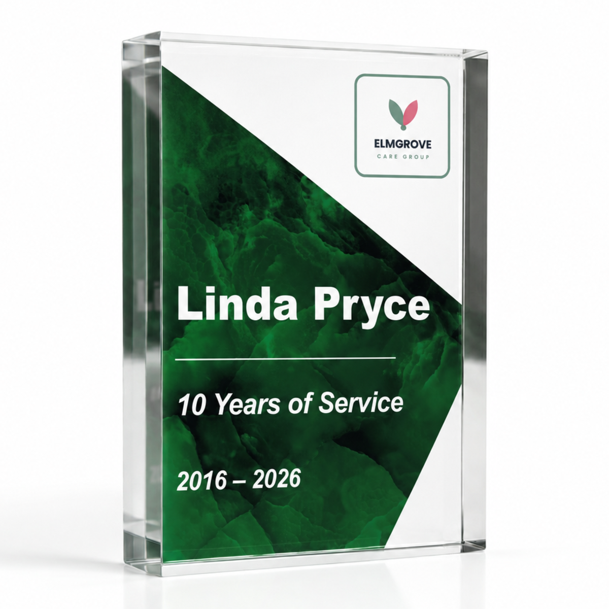 Corporate award in A4 21 x 29.7cm, forest green long service trophy printed with company logo