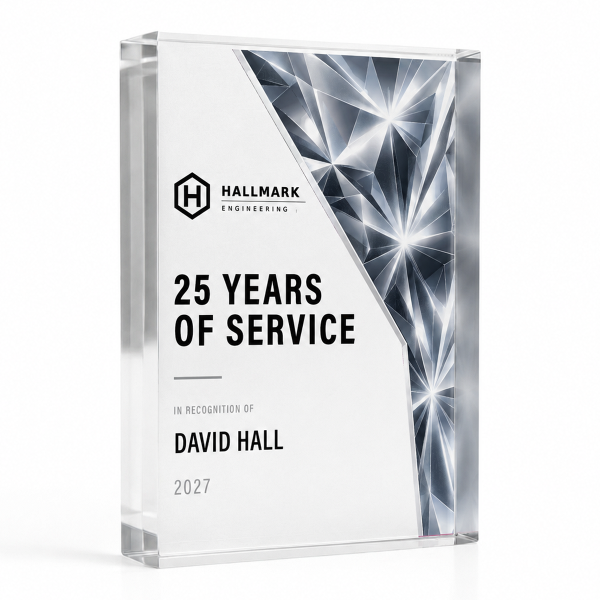 Prism acrylic award in A4 21 x 29.7cm, silver 25 Years of Service trophy with company logo