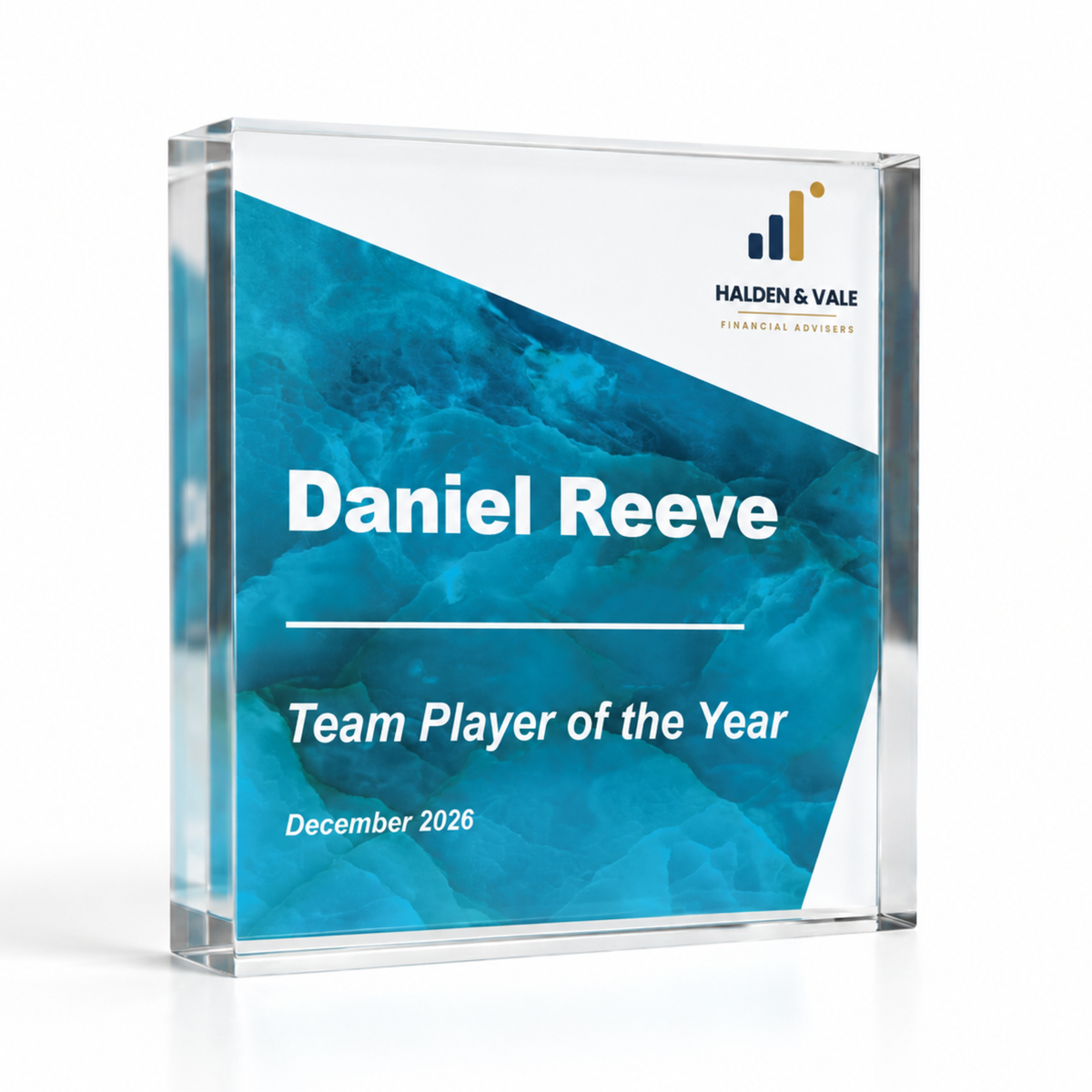 Corporate award in 10 x 10cm square, teal Team Player of the Year acrylic trophy with logo