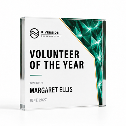 Prism acrylic award in 10 x 10cm square, green Volunteer of the Year award