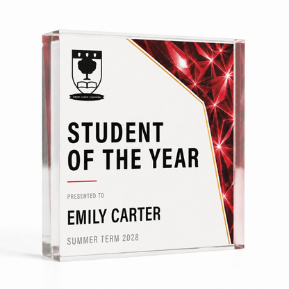 Prism acrylic award in 15 x 15cm square, red Student of the Year award with school crest