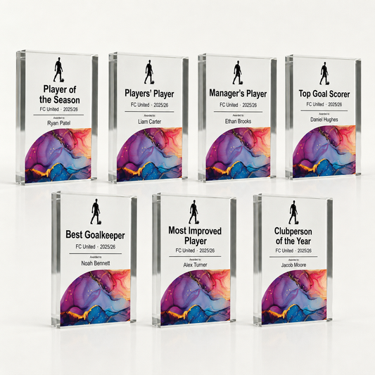 Football end of season trophy pack in A5 — set of 7 personalised acrylic awards
