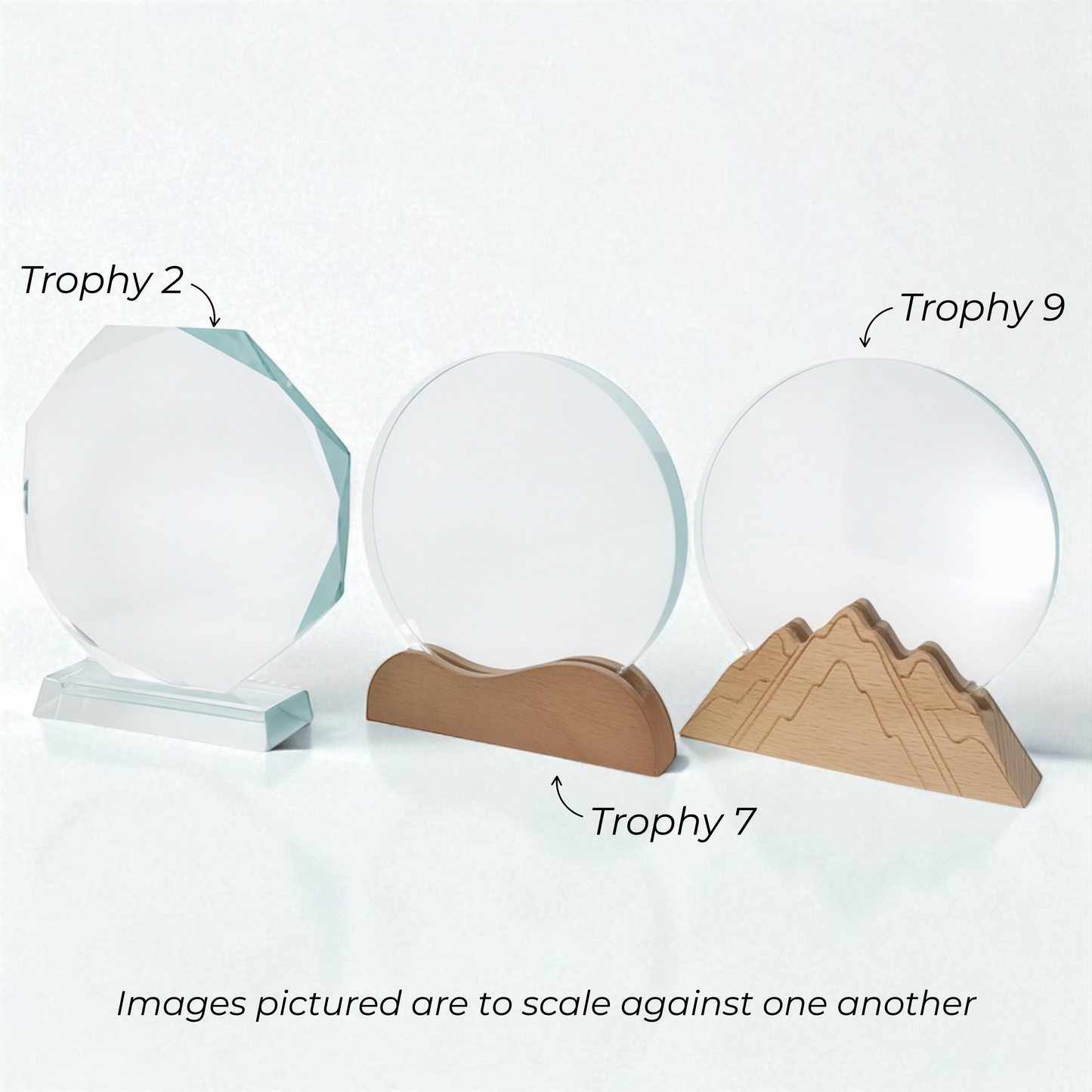 Three clear glass trophies with wooden bases on a white background