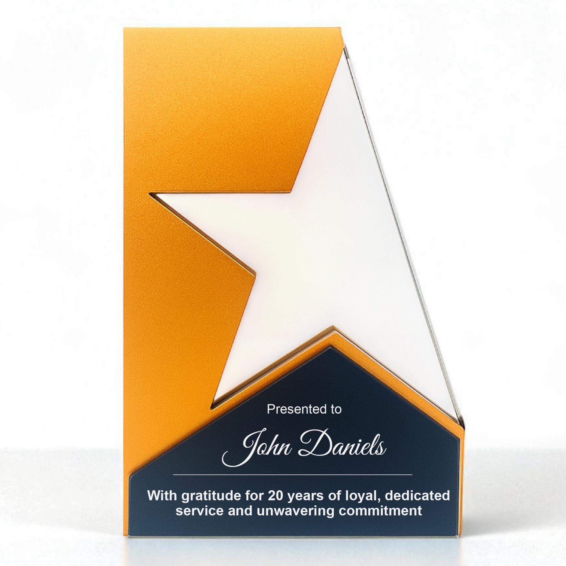 A personalized award with a star design on an orange and white background