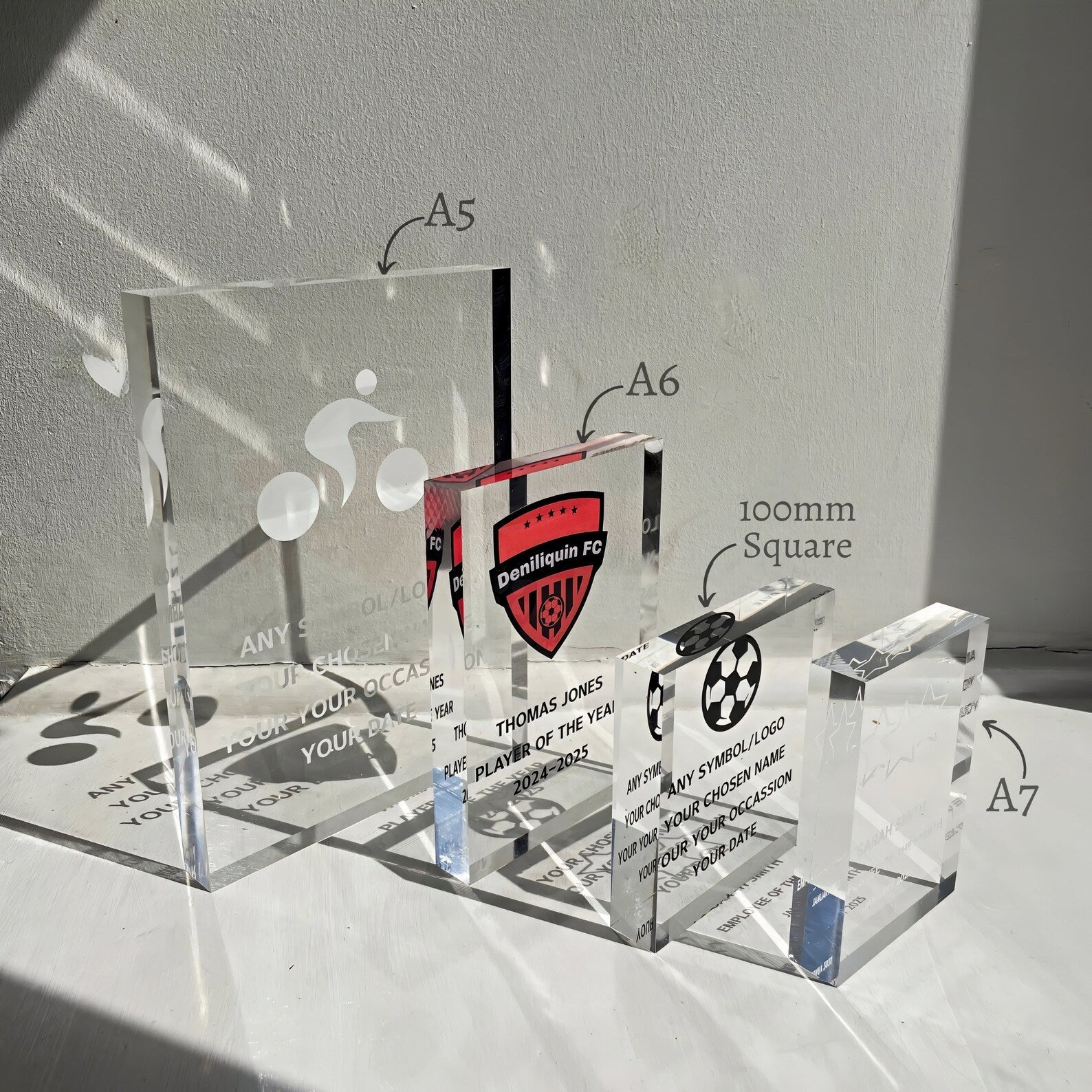 Clear acrylic blocks with engraved text and logos on a white surface