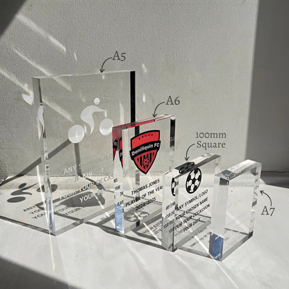 Clear acrylic blocks with engraved text and logos on a white surface